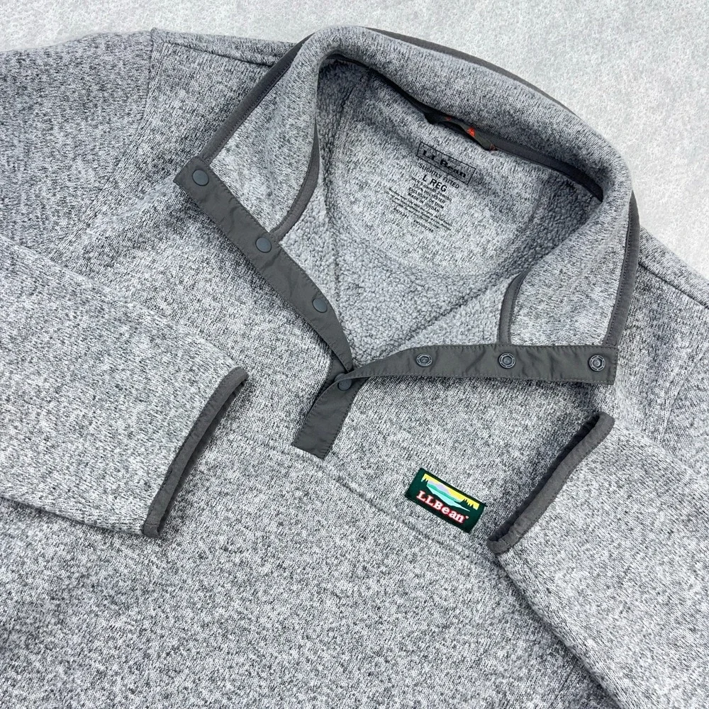LL‎ Bean Sweater Men Large Gray Pullover Snap T Fleece Slightly Fitted Heather